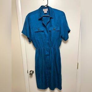 Vintage Silk Maggie London Jeannene Booher Dress Size 10 Collared Blue Button Up